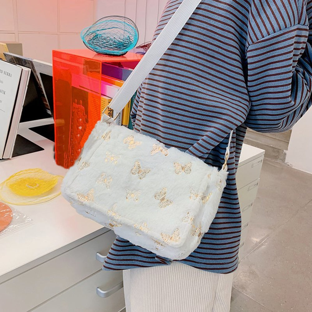Plush Handbag with Butterfly Print