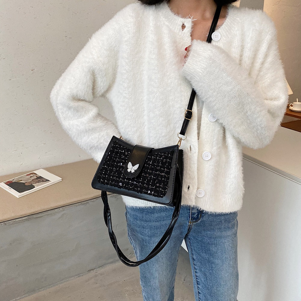 Retro Woolen Butterfly Sequined Crossbody Bag for Women