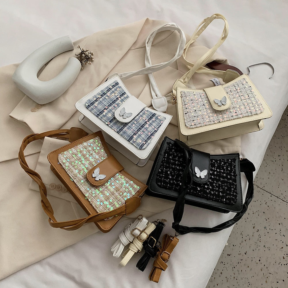 Retro Woolen Butterfly Sequined Crossbody Bag for Women