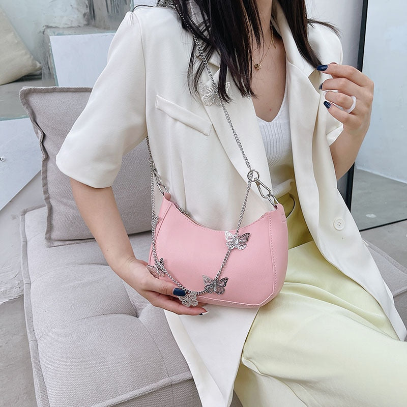 Pure Color Mini Shoulder Bag with Butterfly Chain