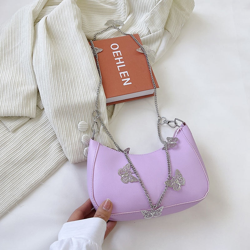Pure Color Mini Shoulder Bag with Butterfly Chain