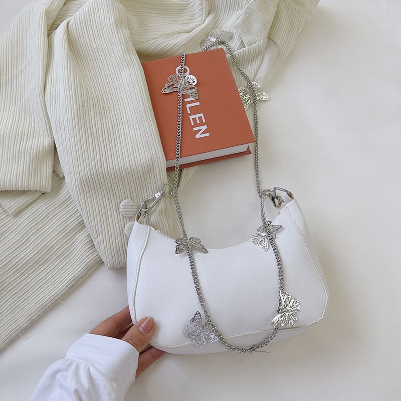 Pure Color Mini Shoulder Bag with Butterfly Chain