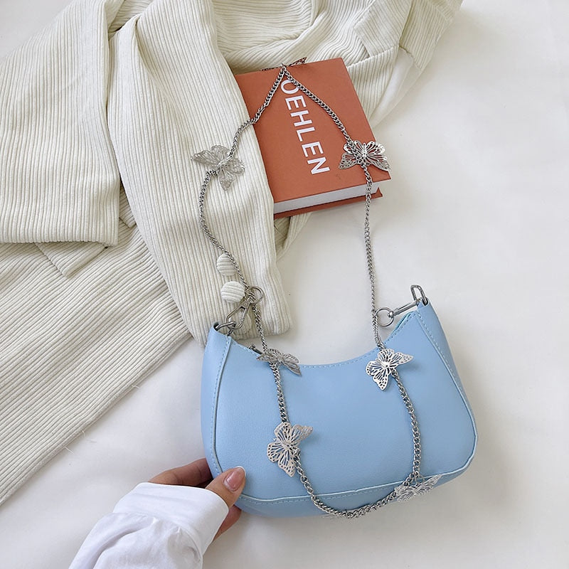 Pure Color Mini Shoulder Bag with Butterfly Chain
