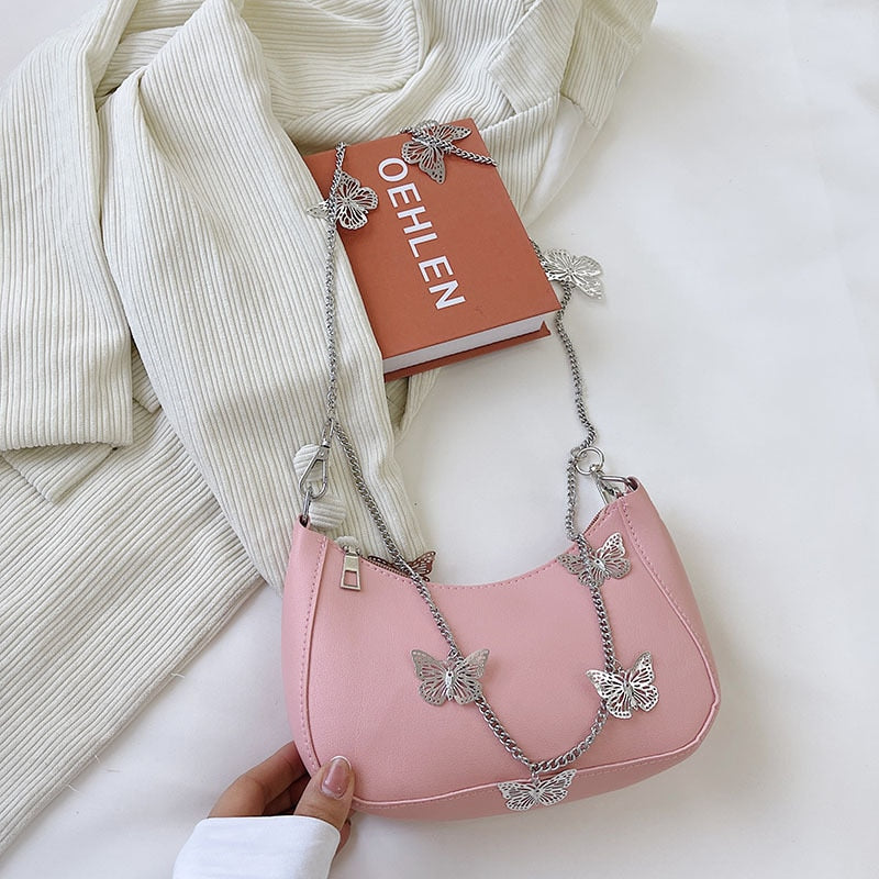 Pure Color Mini Shoulder Bag with Butterfly Chain