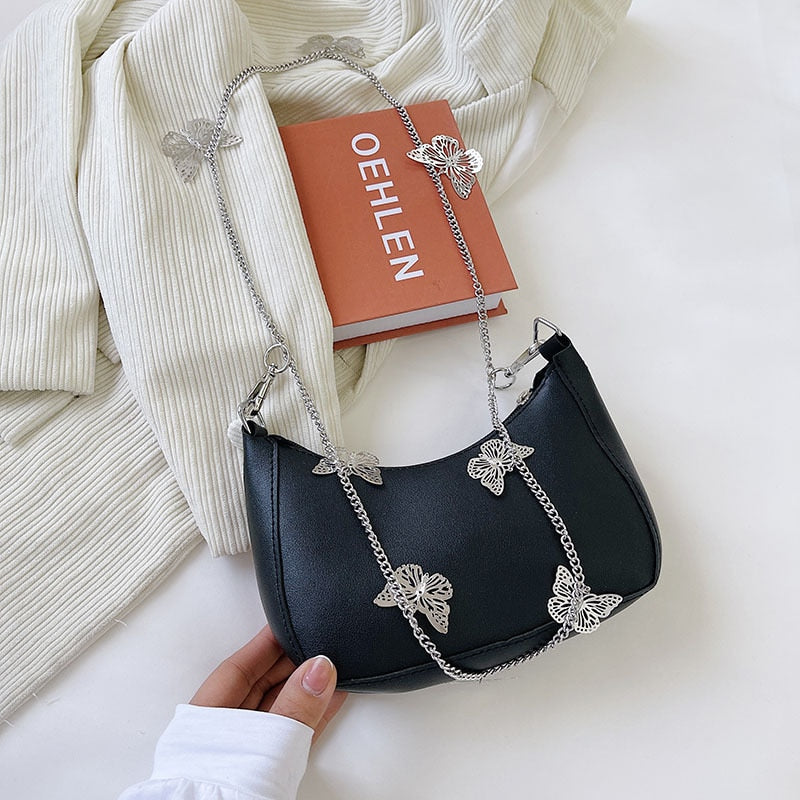 Pure Color Mini Shoulder Bag with Butterfly Chain