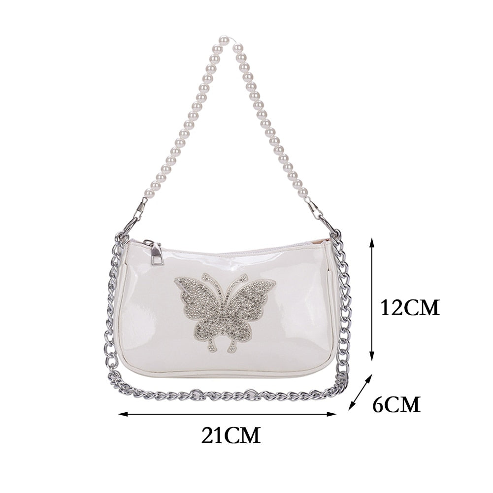 Butterfly Mini Hobo Bag with Metal / Pearl Mini Strap