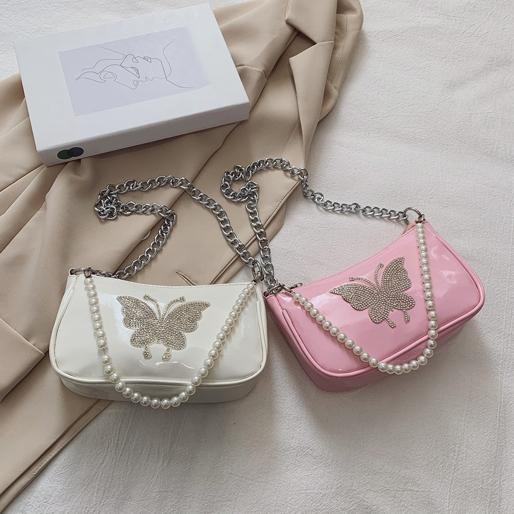 Butterfly Mini Hobo Bag with Metal / Pearl Mini Strap