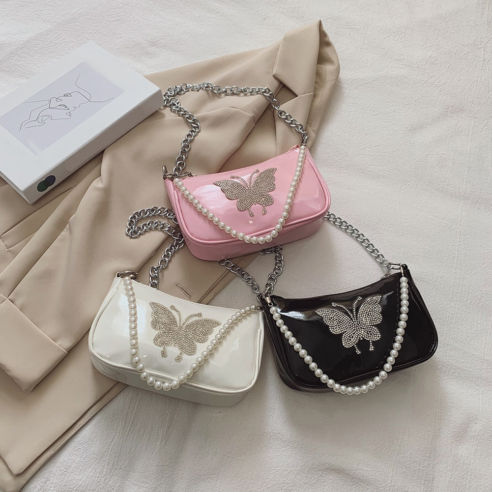Butterfly Mini Hobo Bag with Metal / Pearl Mini Strap