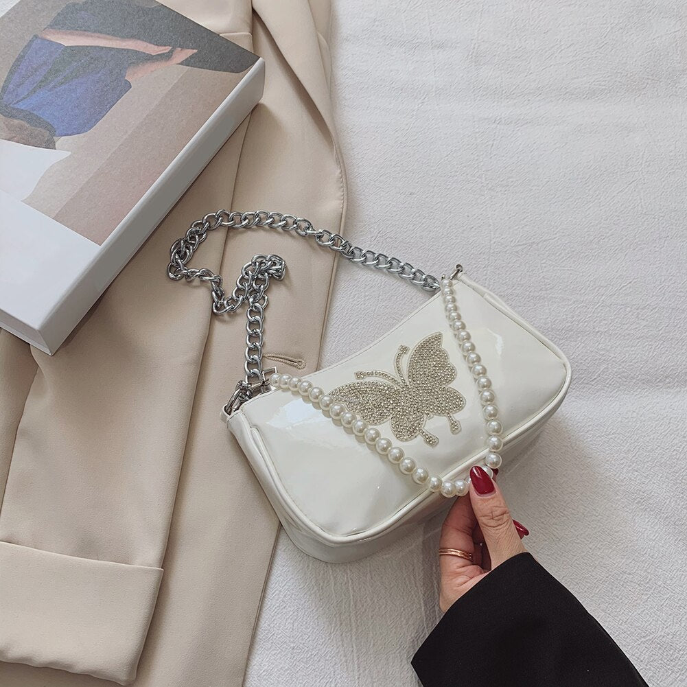 Butterfly Mini Hobo Bag with Metal / Pearl Mini Strap