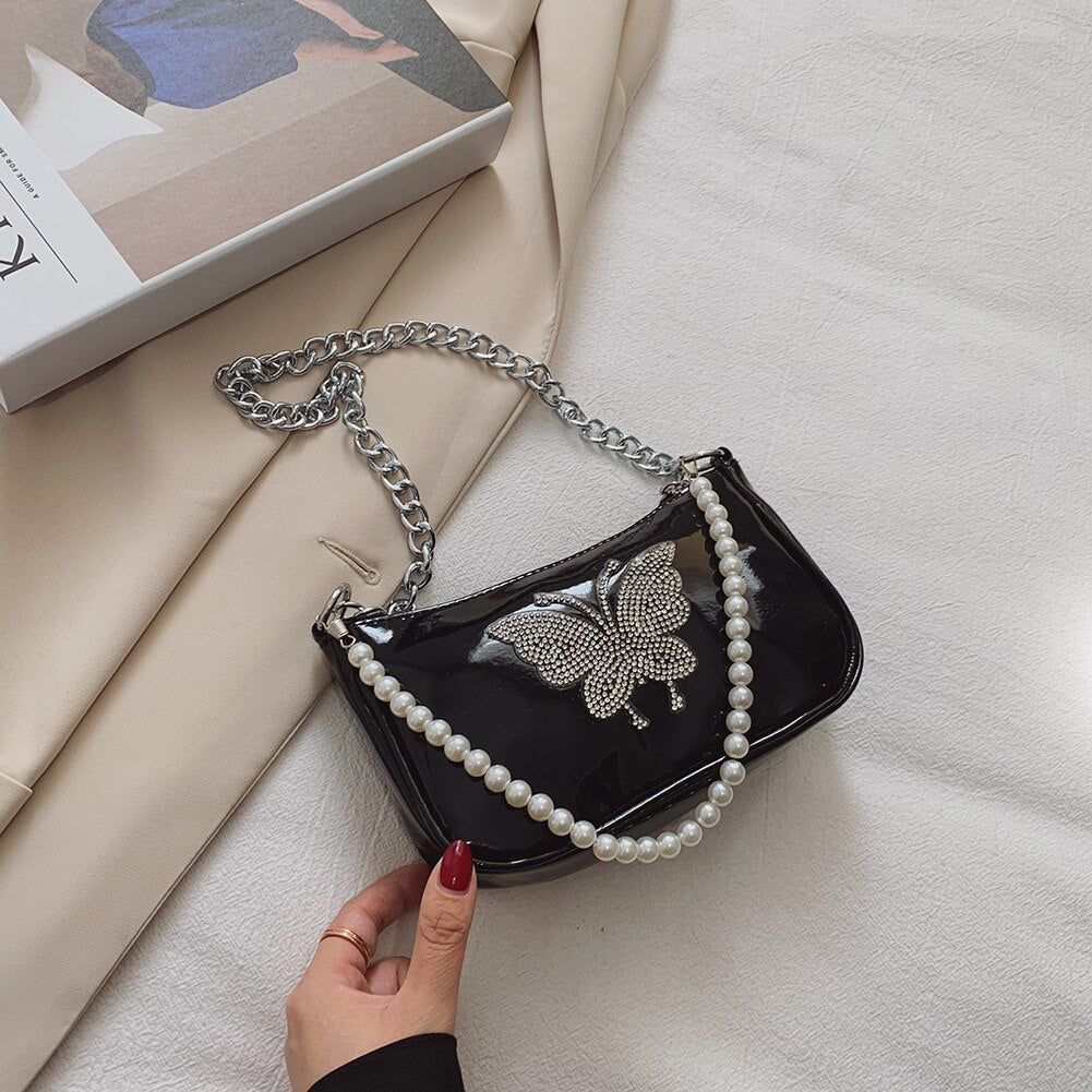 Butterfly Mini Hobo Bag with Metal / Pearl Mini Strap