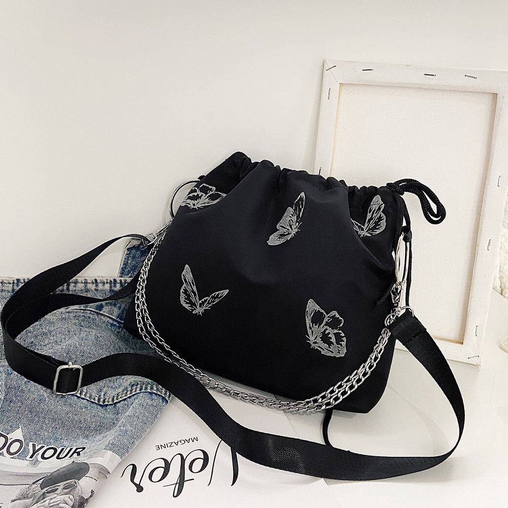 Luminous Butterfly Printed Drawstring Messenger Bag for Women