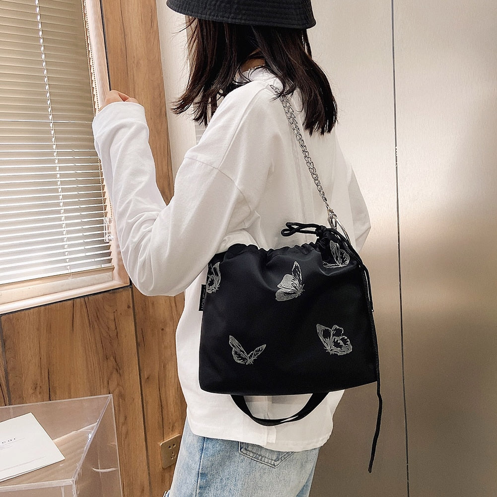 Luminous Butterfly Printed Drawstring Messenger Bag for Women