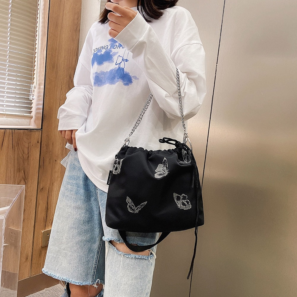 Luminous Butterfly Printed Drawstring Messenger Bag for Women