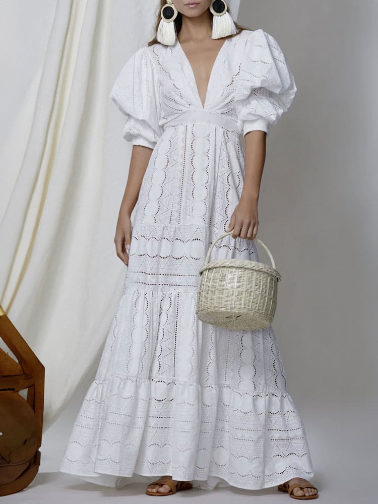 Deep V Puff Sleeve Lace Hollow Long Dress