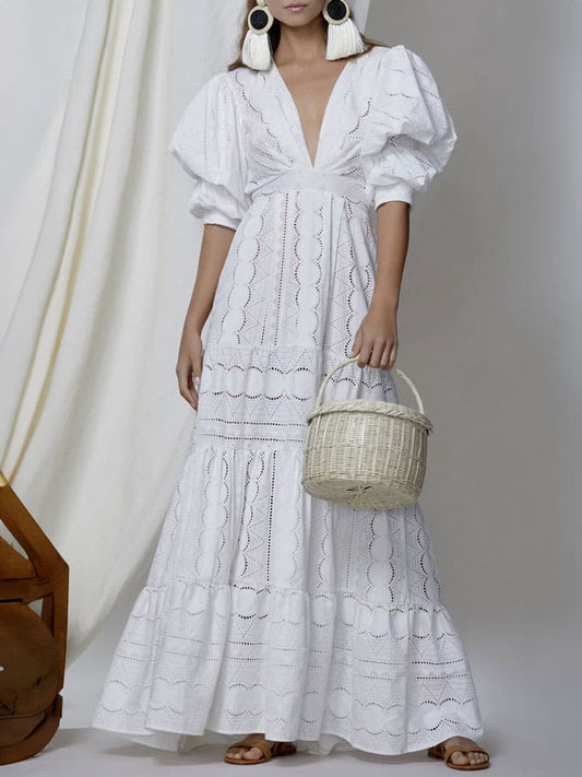 Deep V Puff Sleeve Lace Hollow Long Dress