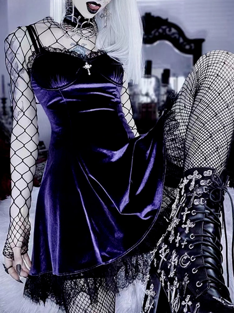 Velvet Gothic Black Vintage Spaghetti Strap High Waist Aesthetic Elegant Party Dress