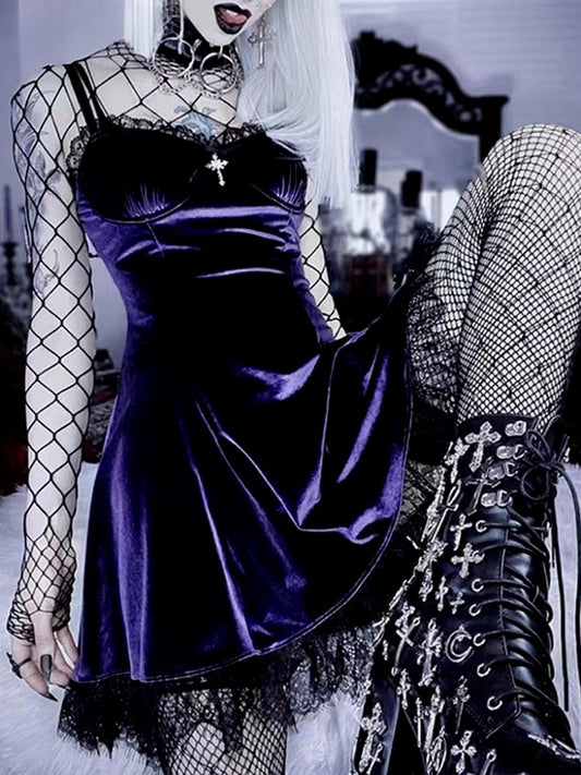 Velvet Gothic Black Vintage Spaghetti Strap High Waist Aesthetic Elegant Party Dress
