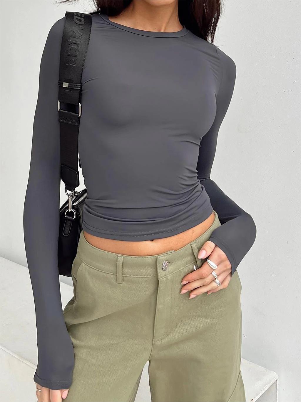 Basic Solid Color Slim Long Sleeve Crop Top