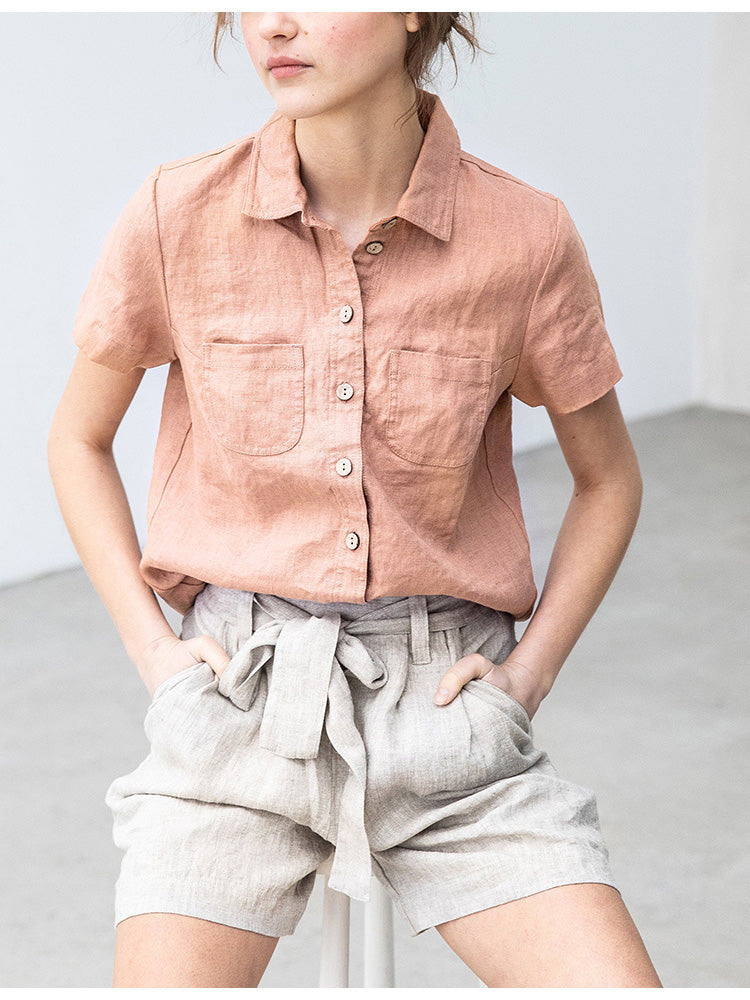 Linen Short-sleeve Double-pocket Shirt