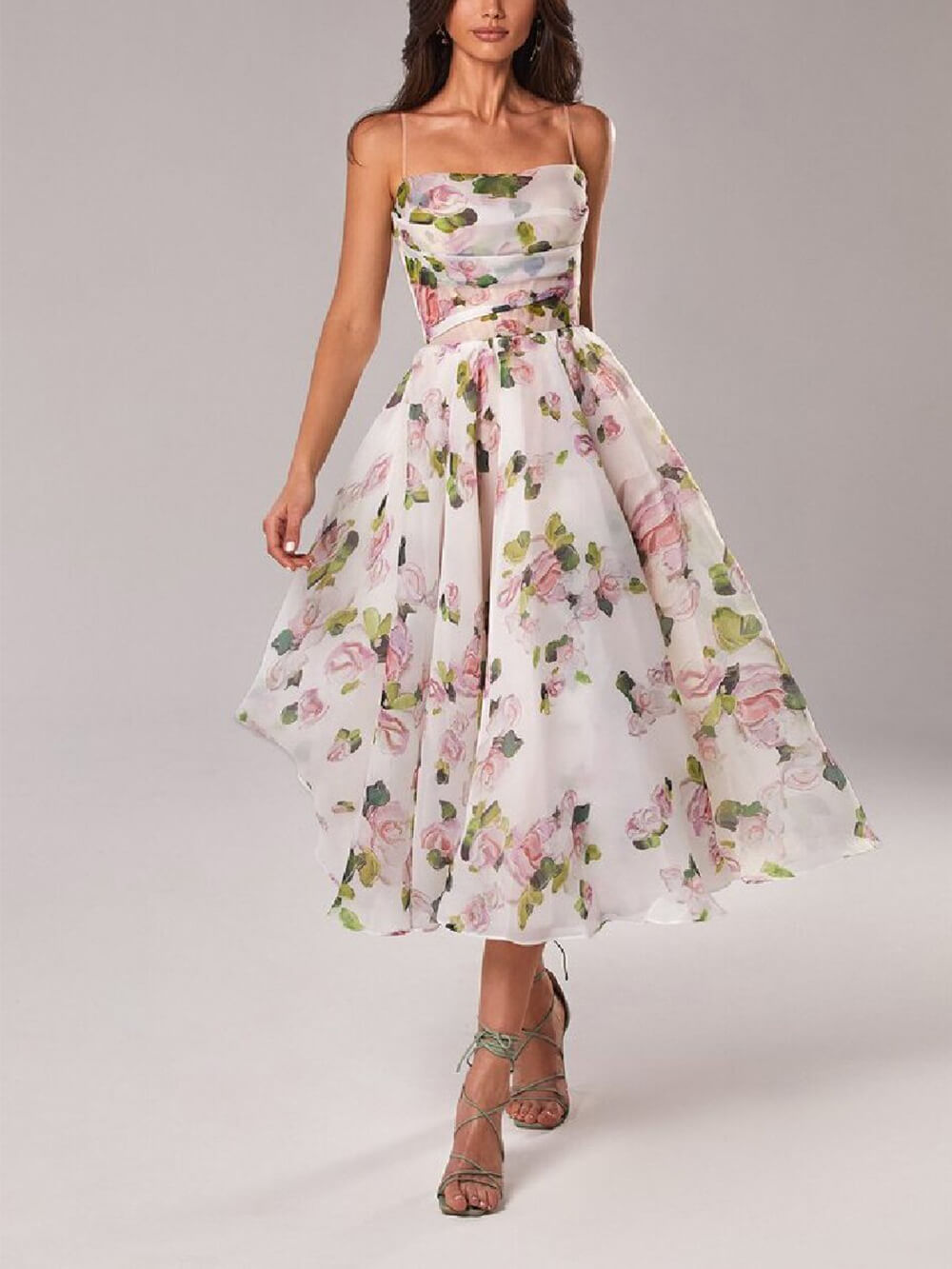 Strapless Sleeveless Printed Swing Midi Dress