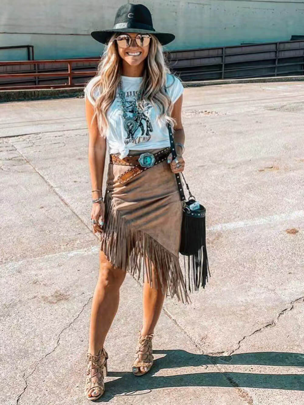 Suede Fringe Sheath Western Skirt