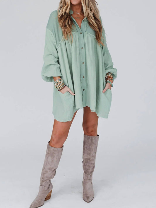 Mint Green Patchwork Crinkle Puff Sleeve Shirt Dress