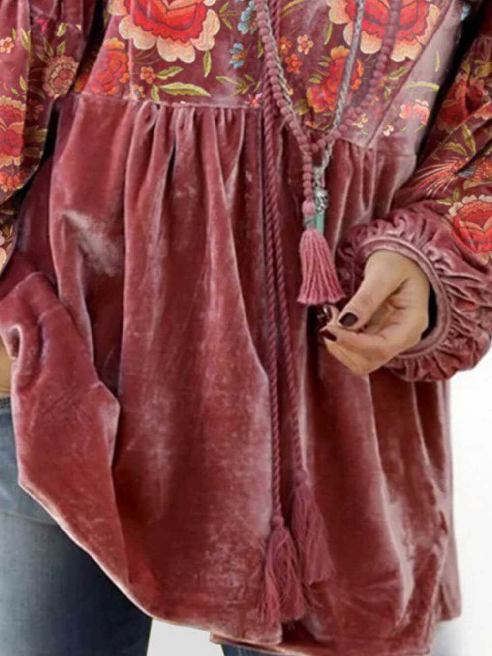 Embroidery Velvet Fringed Top