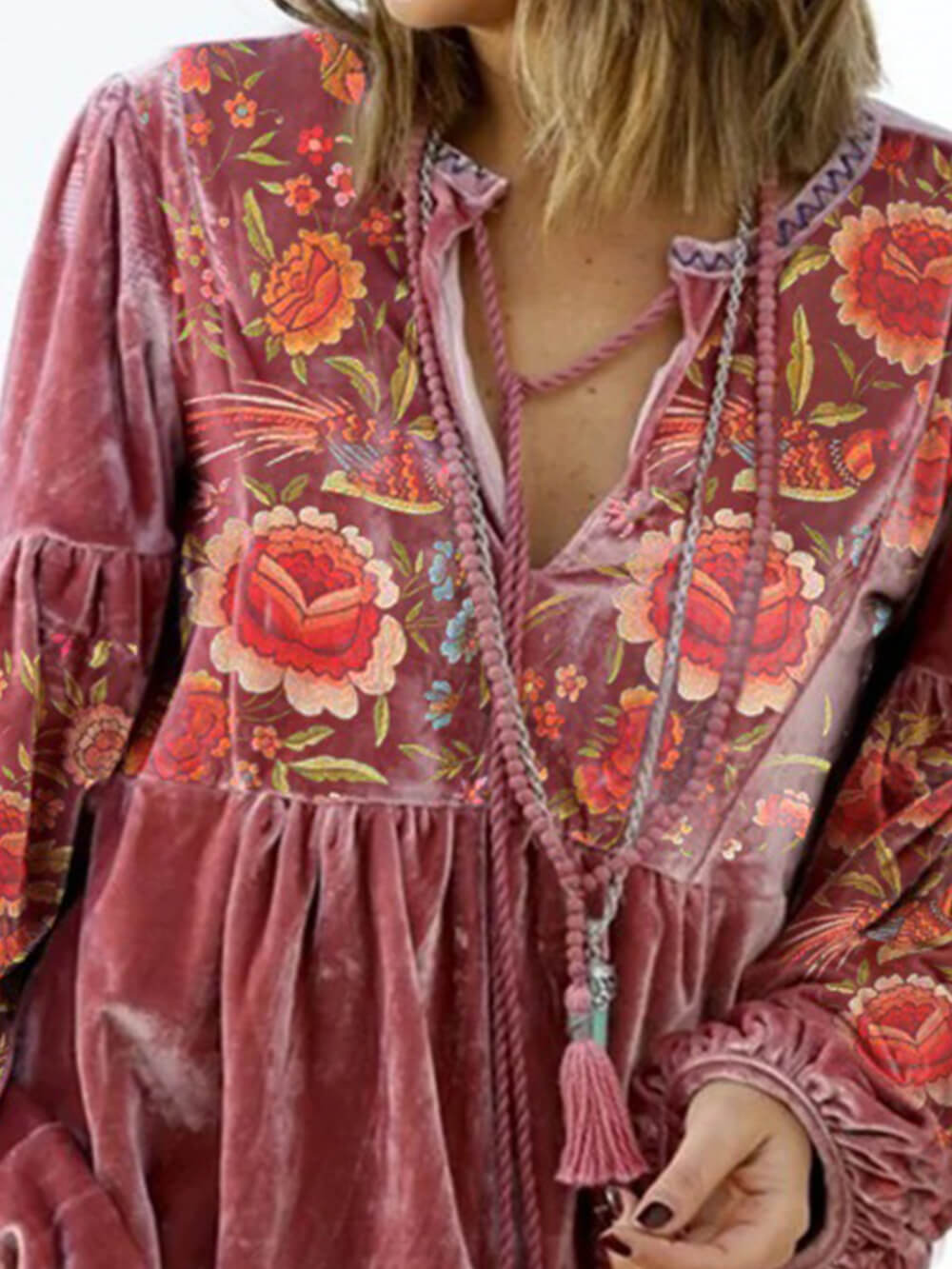 Embroidery Velvet Fringed Top