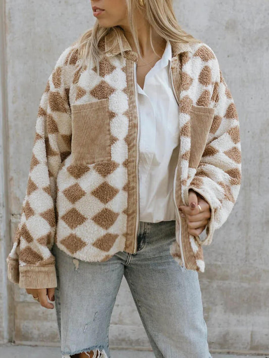 Rhombus Pattern Jacket Corduroy Patch Pockets