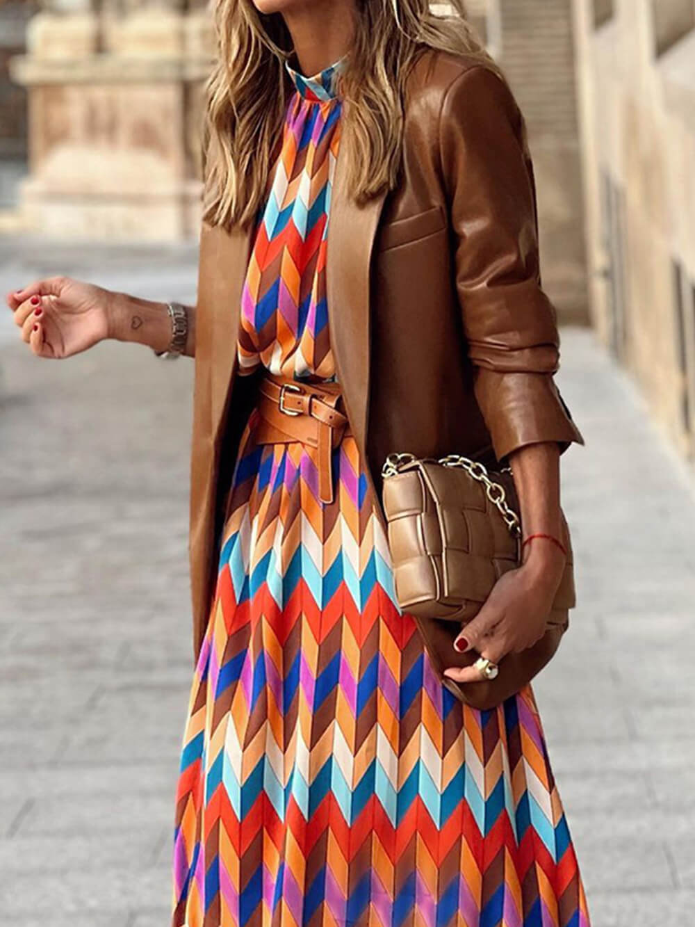 Elegant Stand Collar Midi Length Dress