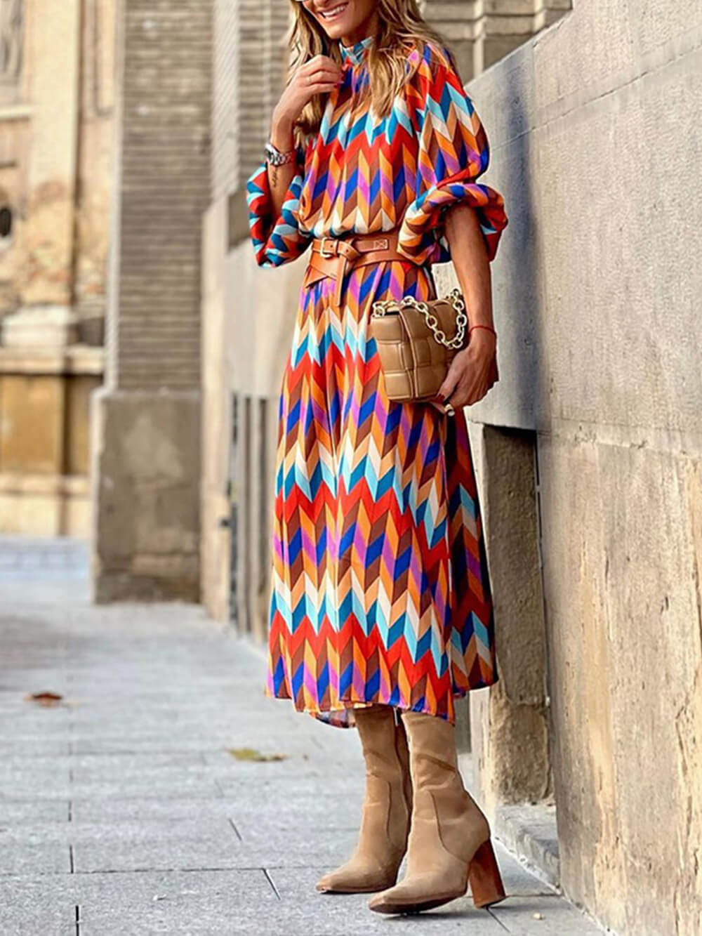 Elegant Stand Collar Midi Length Dress