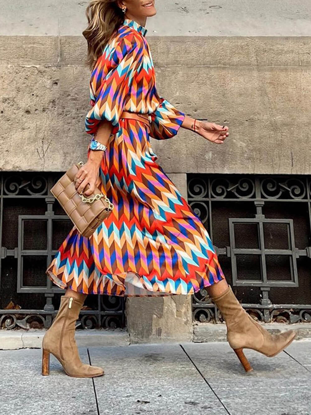 Elegant Stand Collar Midi Length Dress