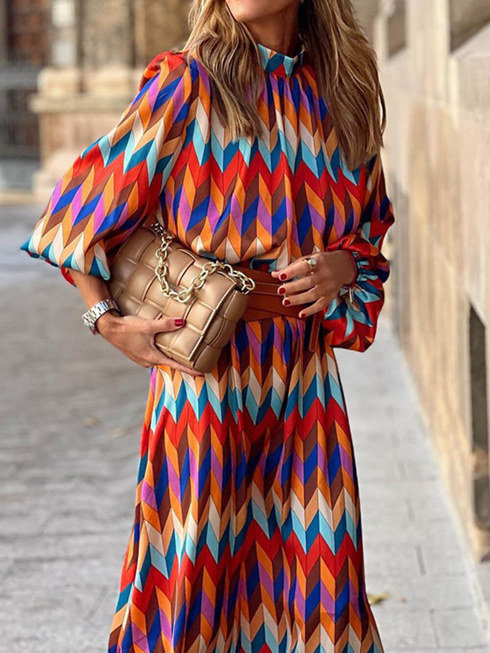 Elegant Stand Collar Midi Length Dress