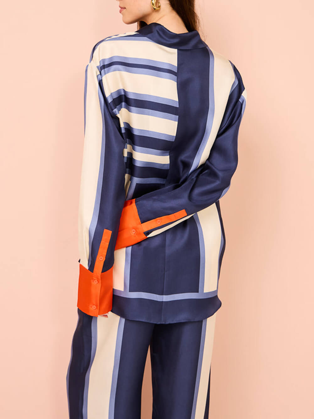 Exquisite Unique Striped Print Patchwork Kutton Oversized Pants Set