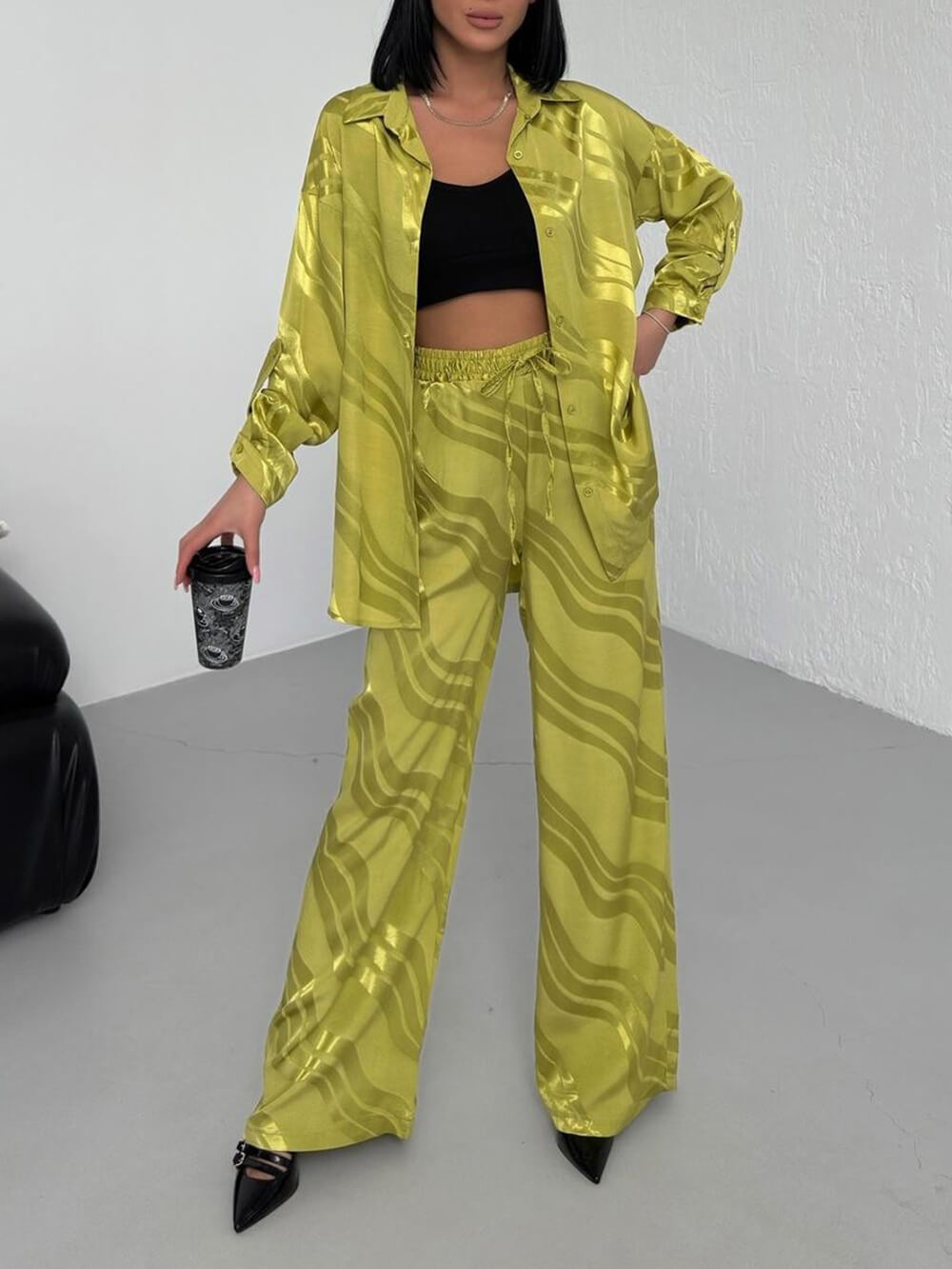 Unique Wave Print Loose Oversized Pant Set