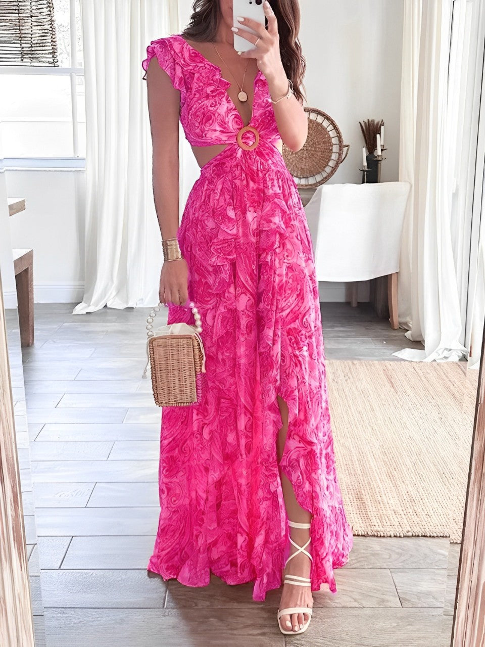 Butterfly Sleeve Print Ruffle Slit Dress