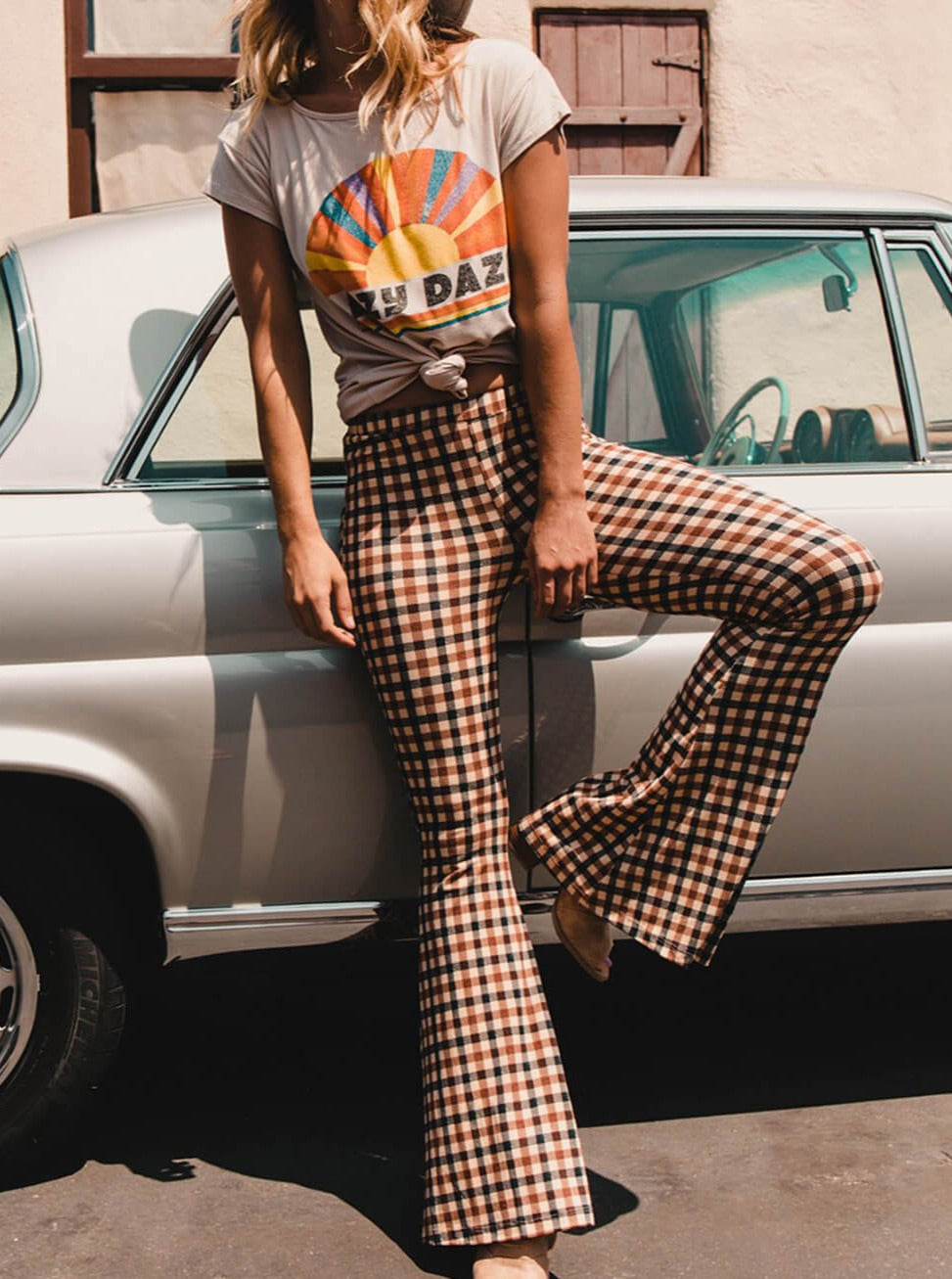 Versatile Casual Plaid Bootcut Trousers