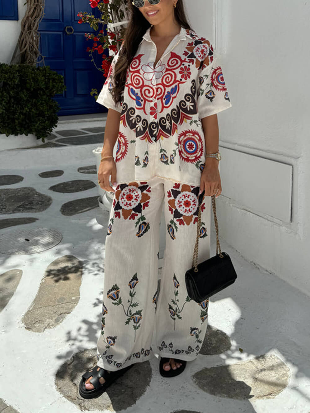 Unique And Exquisite Ethnic Floral Print Button-Down Oversized Blouses