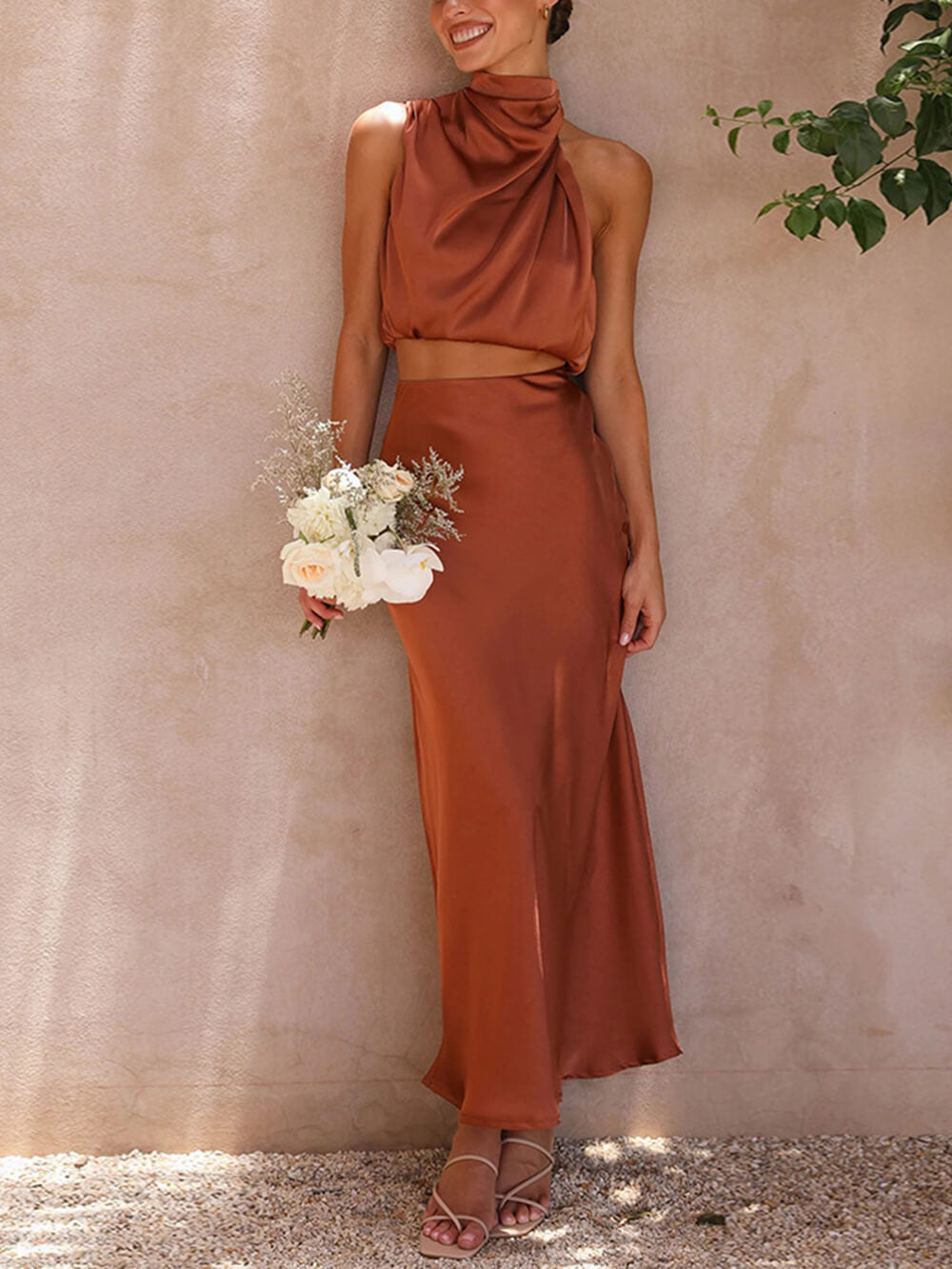 Satin Halter Crop Tank Top + Wrap Mini Skirt Set