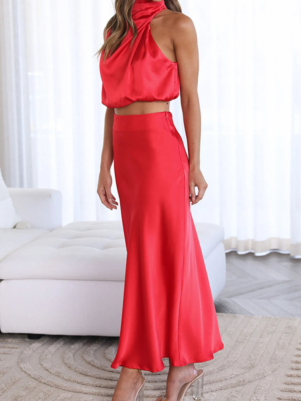 Satin Halter Crop Tank Top + Wrap Mini Skirt Set
