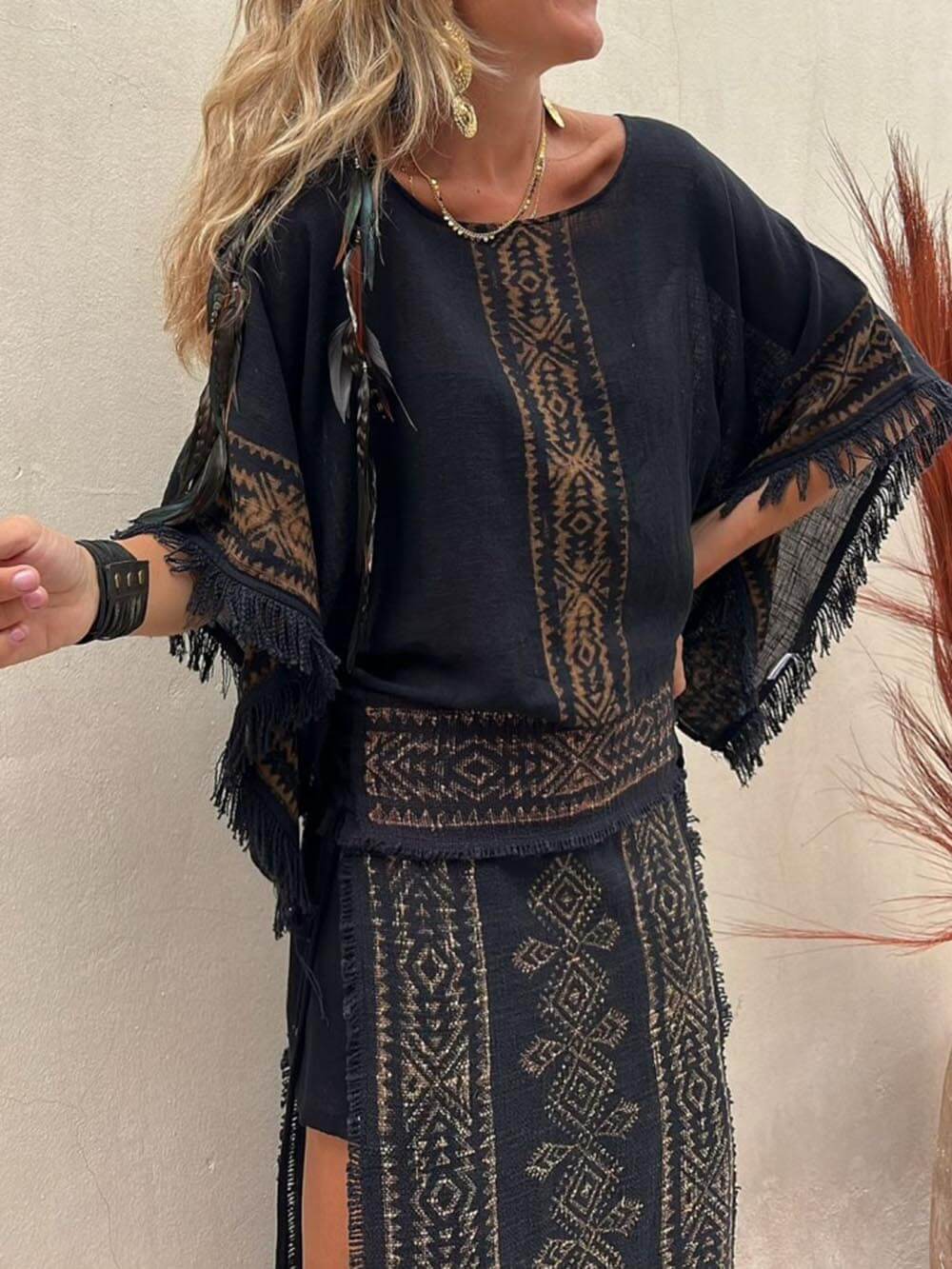 Ethnic Print Tassel Trim Wide Sleeve Loose Sets