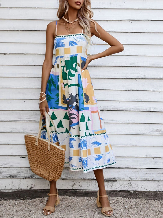 Patchwork Slip Midi Dress: Abstract Colorful Printed