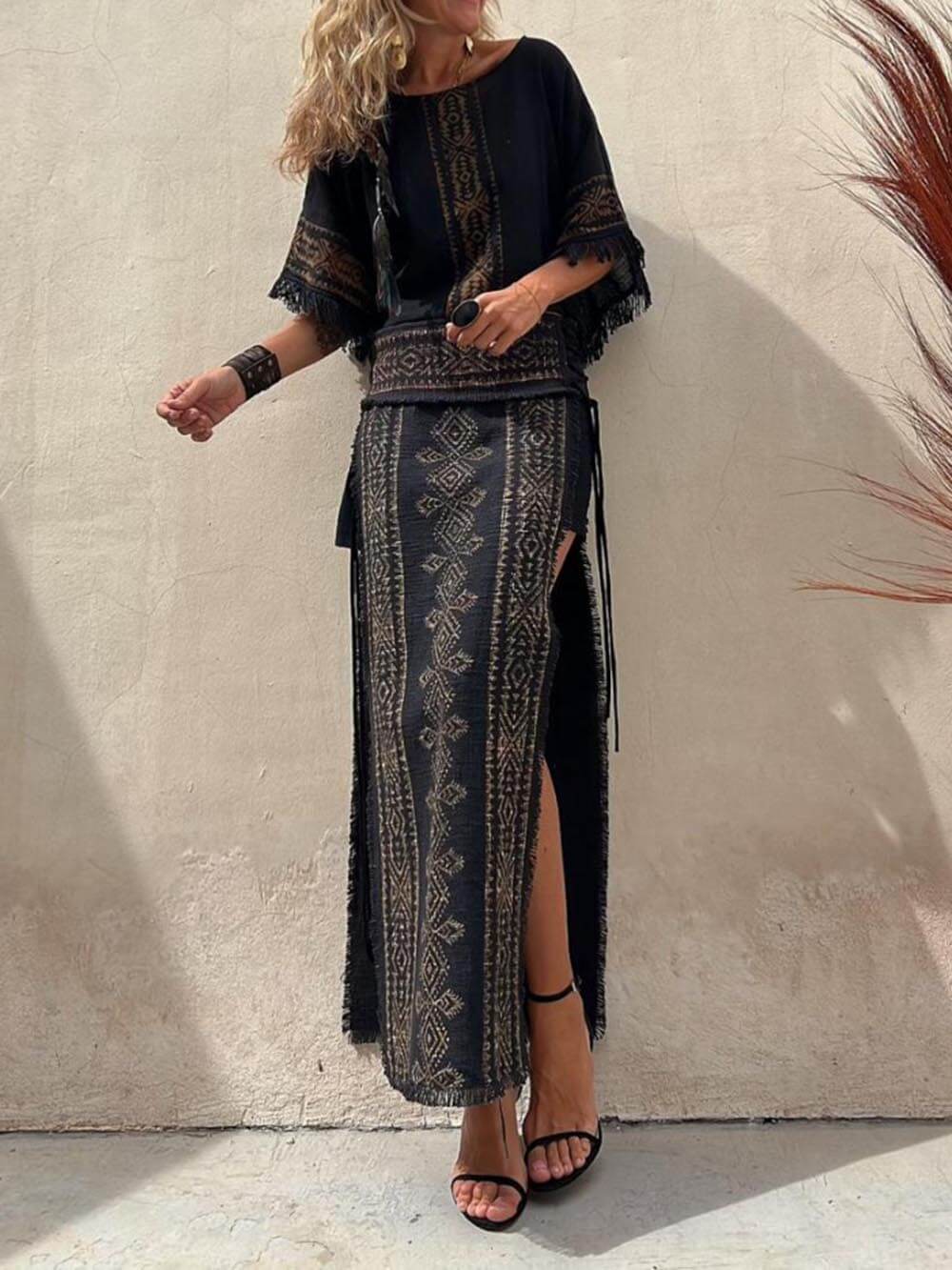Ethnic Print Tassel Trim Wide Sleeve Loose Sets