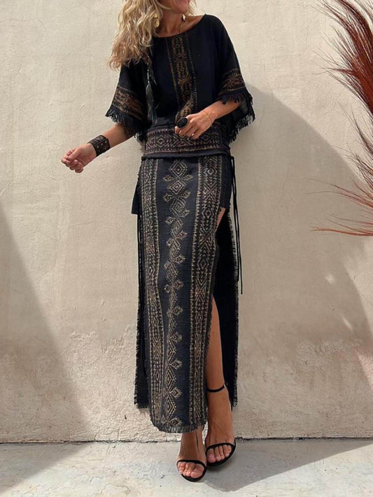 Ethnic Print Tassel Trim Wide Sleeve Loose Sets
