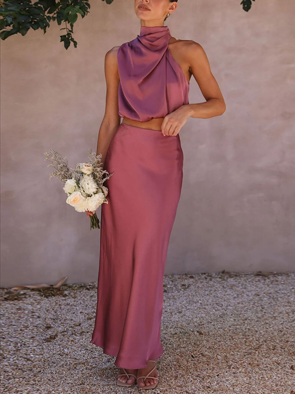 Satin Halter Crop Tank Top + Wrap Mini Skirt Set