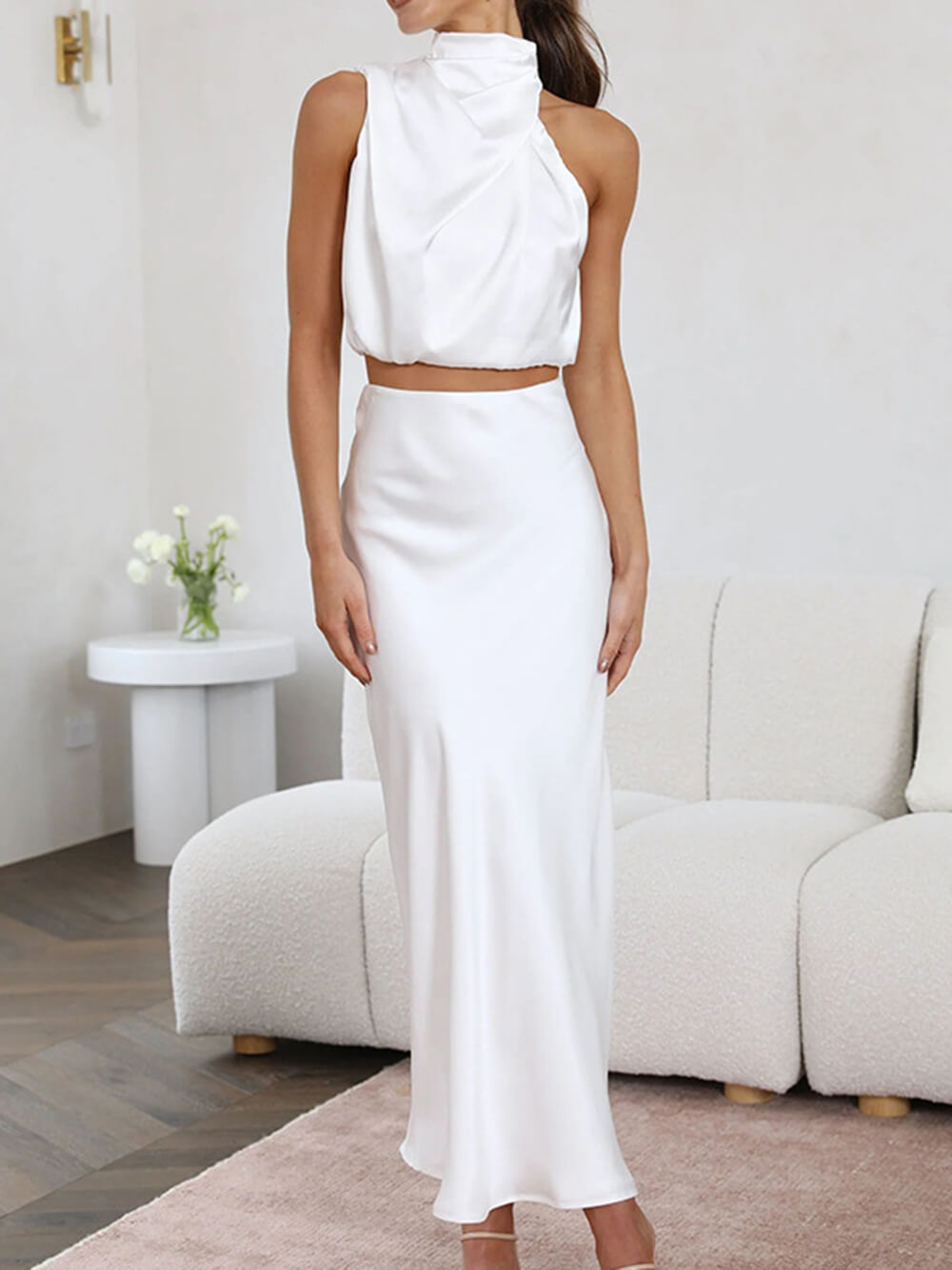 Satin Halter Crop Tank Top + Wrap Mini Skirt Set