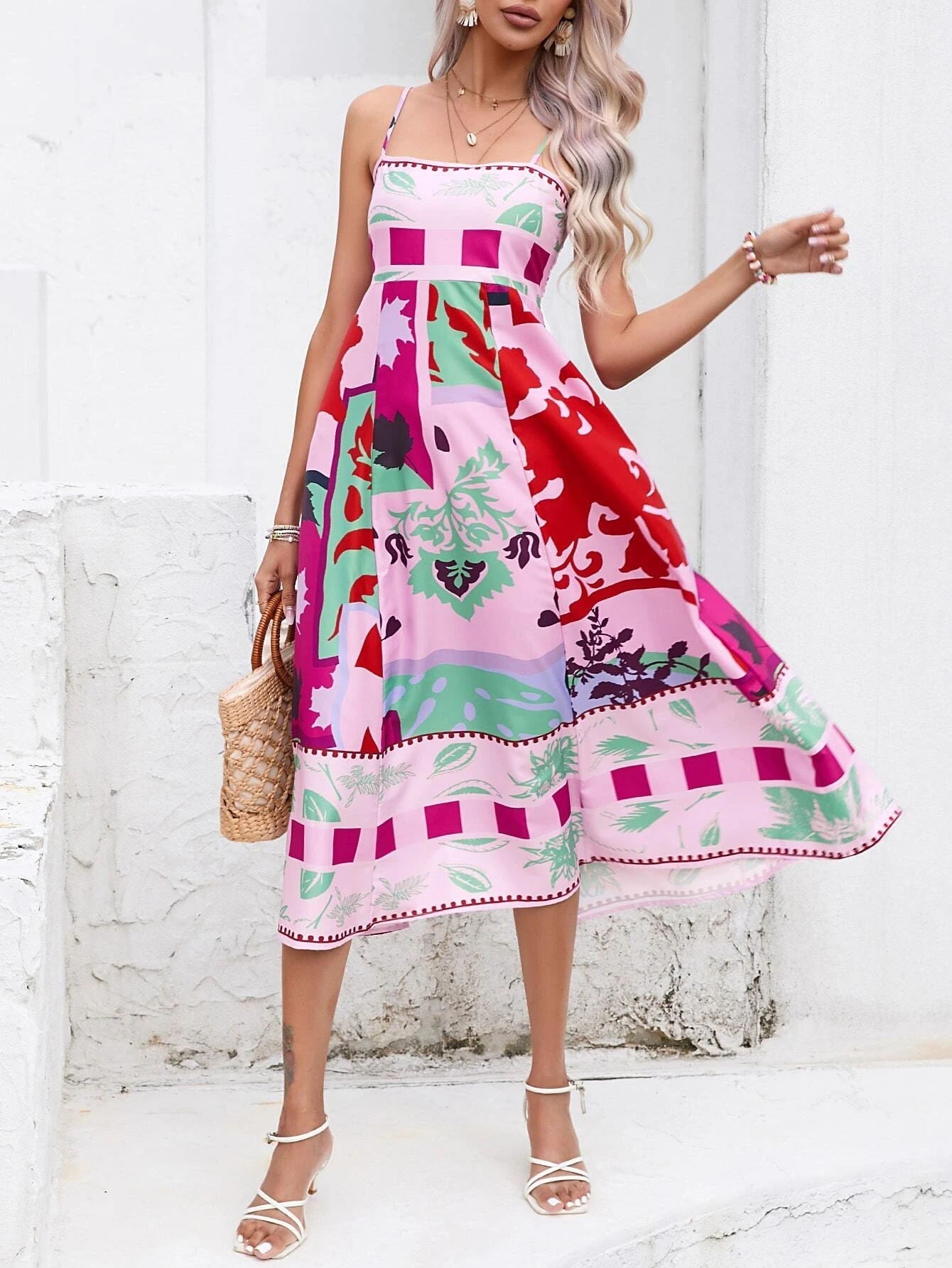 Patchwork Slip Midi Dress: Abstract Colorful Printed