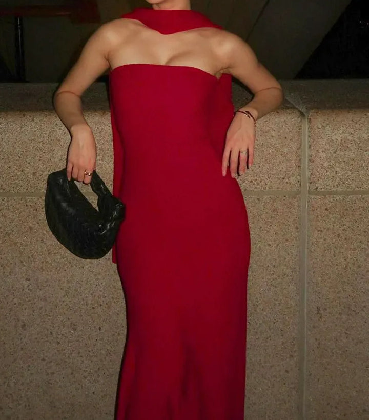 Scarf Strapless Pleated Maxi Dress