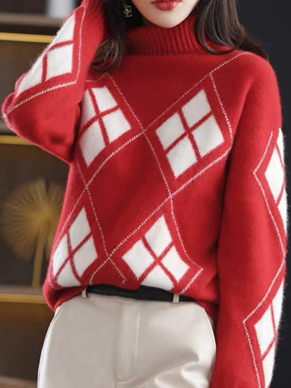 Casual Long Sleeves Loose Plaid High-Neck Sweater Tops