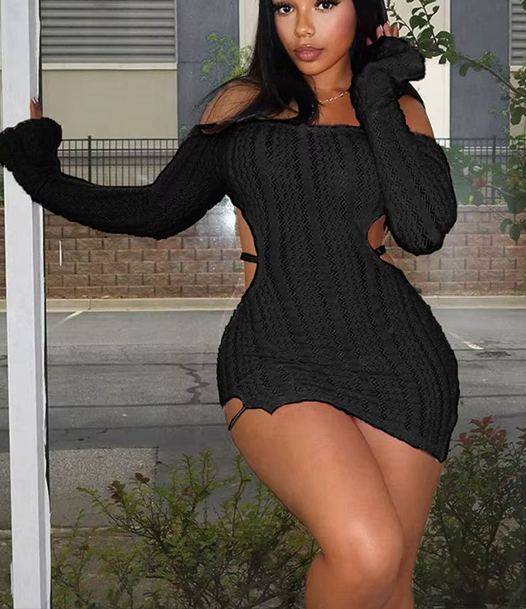 Fluffy Boat Neck Backless Gothic Mini Dress